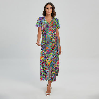 Multicolor Psychedelic Print Short Sleeve Maxi Dress