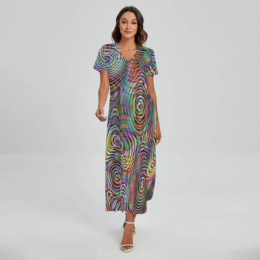 Multicolor Psychedelic Print Short Sleeve Maxi Dress