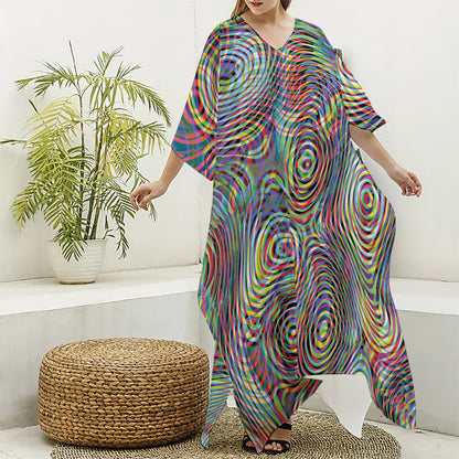 Multicolor Psychedelic Print Silk V-Neck Kaftan Dress