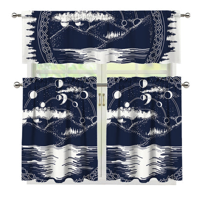 Mystical Lunar Phase Print 3 Piece Kitchen Curtains