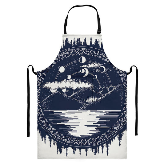 Mystical Lunar Phase Print Bib Apron With Pocket