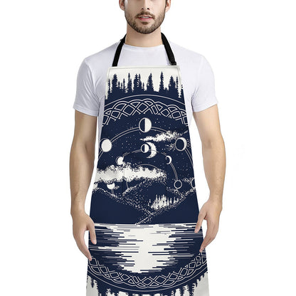 Mystical Lunar Phase Print Bib Apron With Pocket