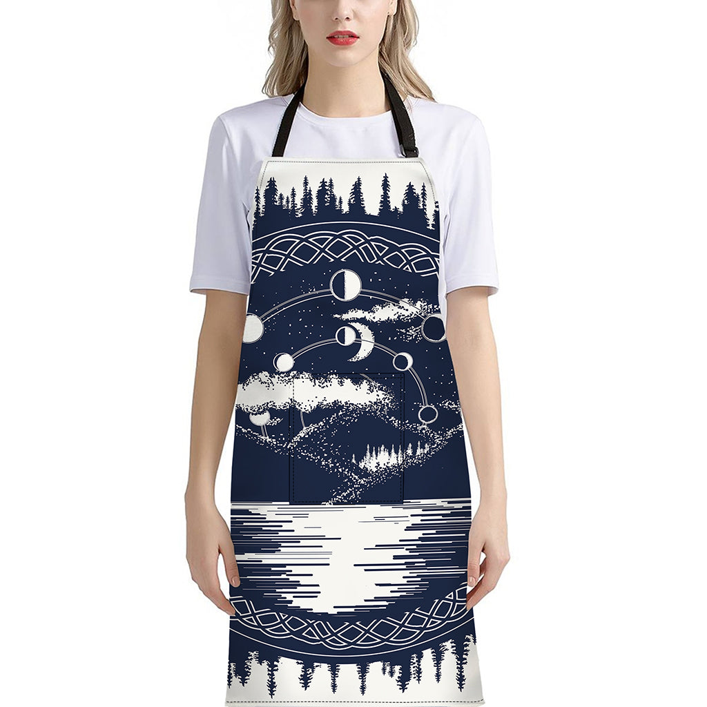 Mystical Lunar Phase Print Bib Apron With Pocket