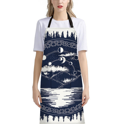 Mystical Lunar Phase Print Bib Apron With Pocket