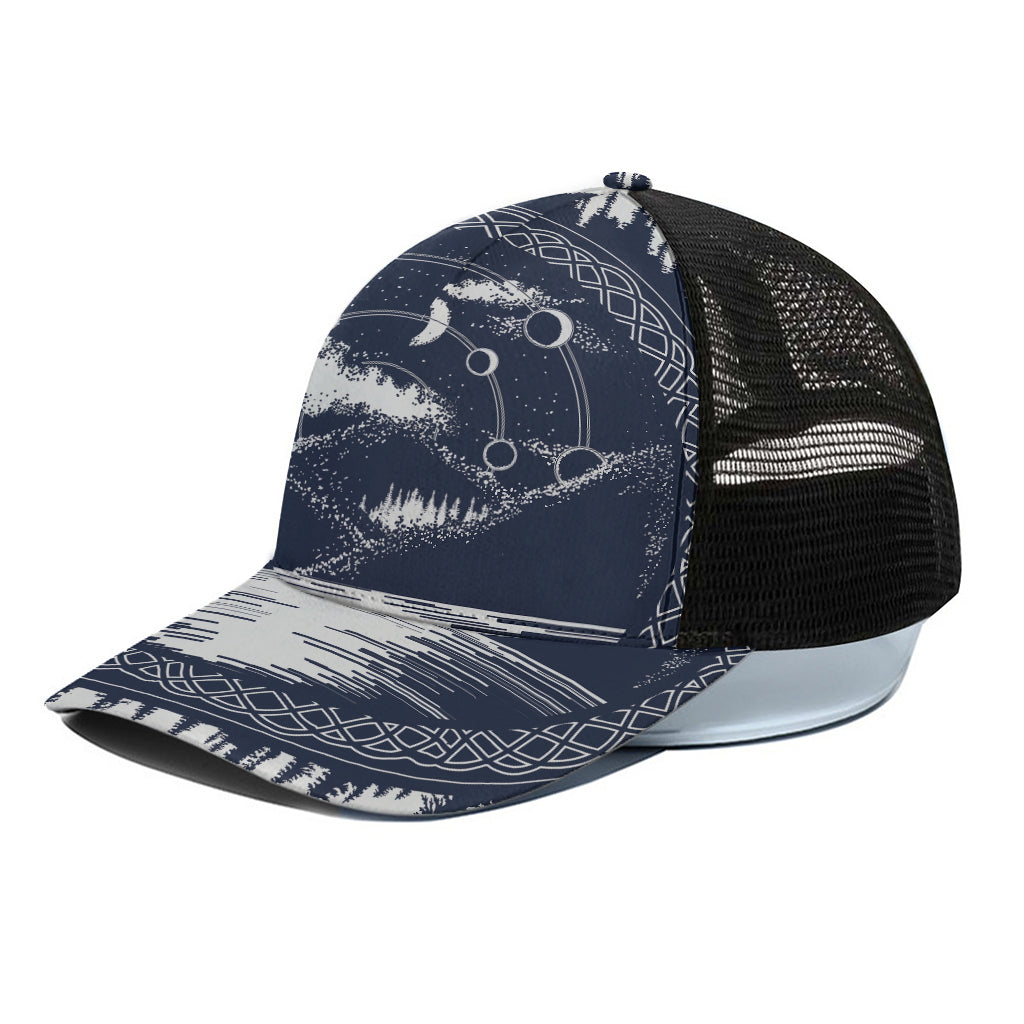 Mystical Lunar Phase Print Black Mesh Trucker Cap
