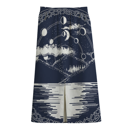 Mystical Lunar Phase Print Cotton Front Slit Maxi Skirt
