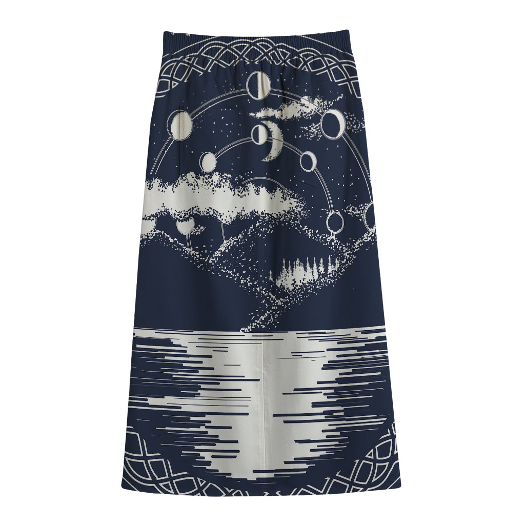 Mystical Lunar Phase Print Cotton Front Slit Maxi Skirt