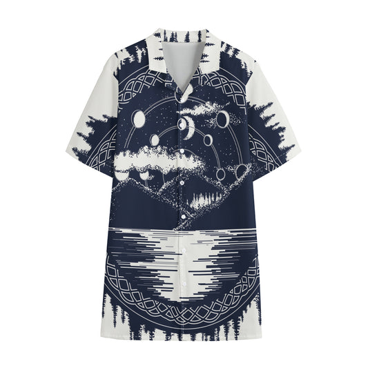 Mystical Lunar Phase Print Cotton Hawaiian Shirt