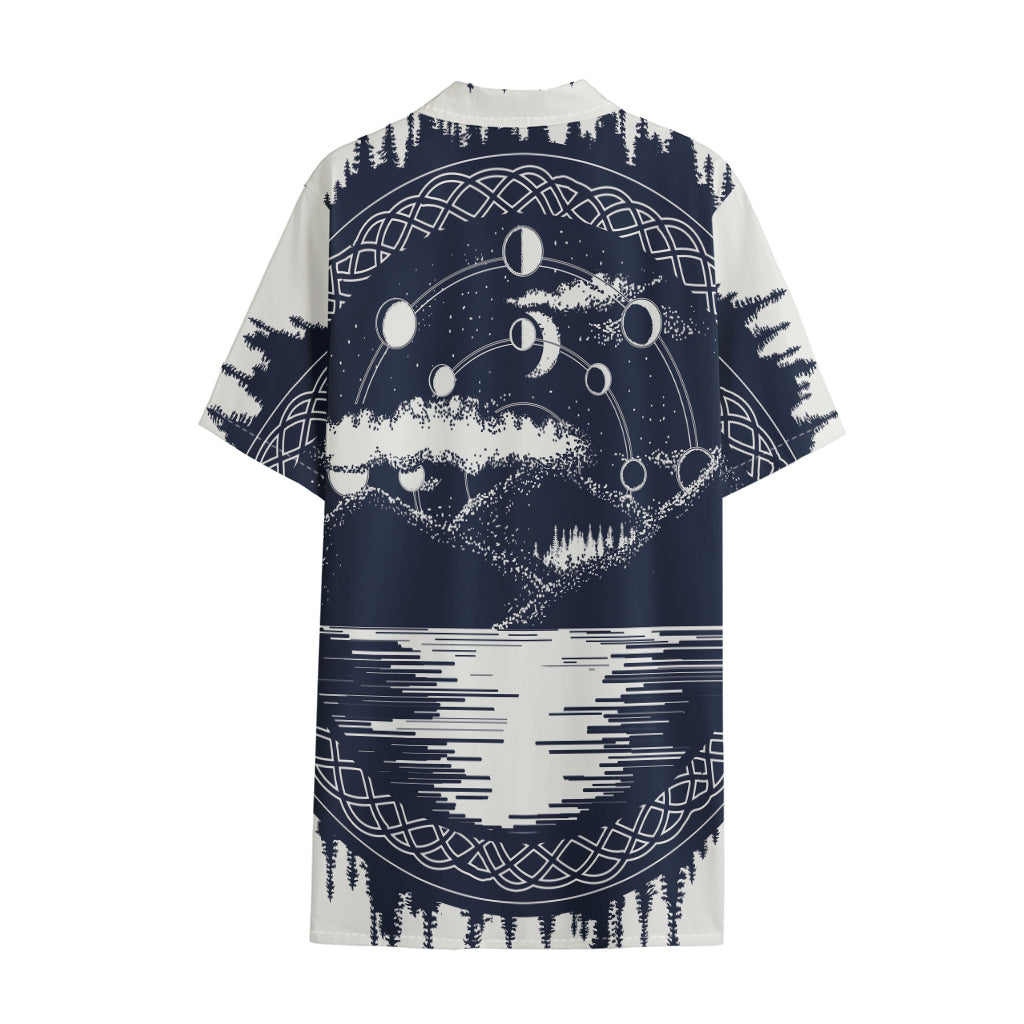 Mystical Lunar Phase Print Cotton Hawaiian Shirt