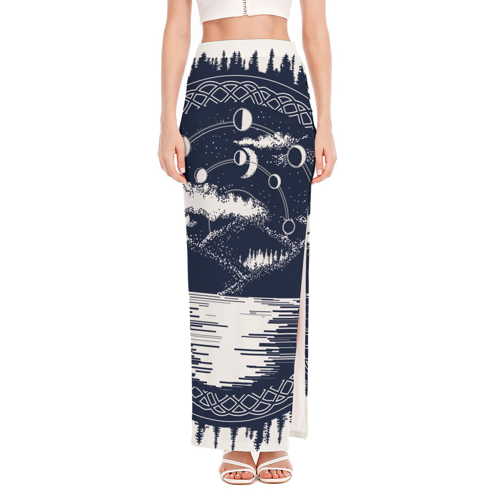 Mystical Lunar Phase Print High Slit Maxi Skirt