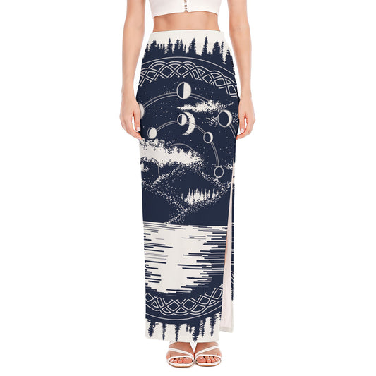 Mystical Lunar Phase Print High Slit Maxi Skirt