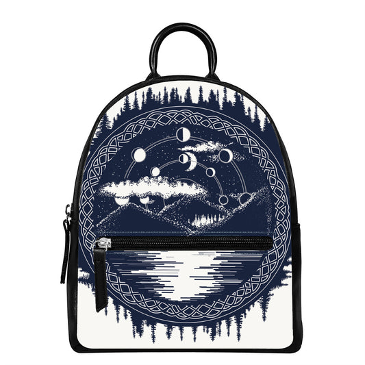 Mystical Lunar Phase Print Leather Backpack