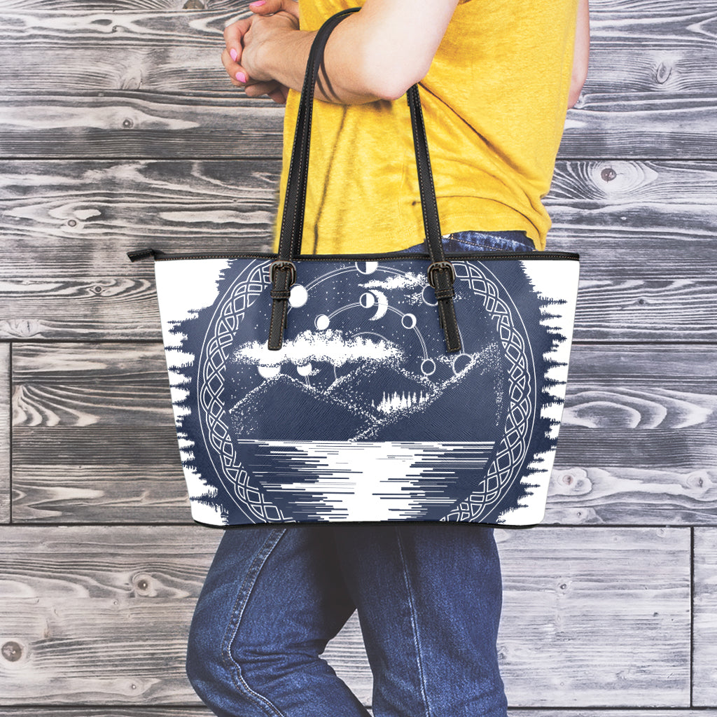 Mystical Lunar Phase Print Leather Tote Bag