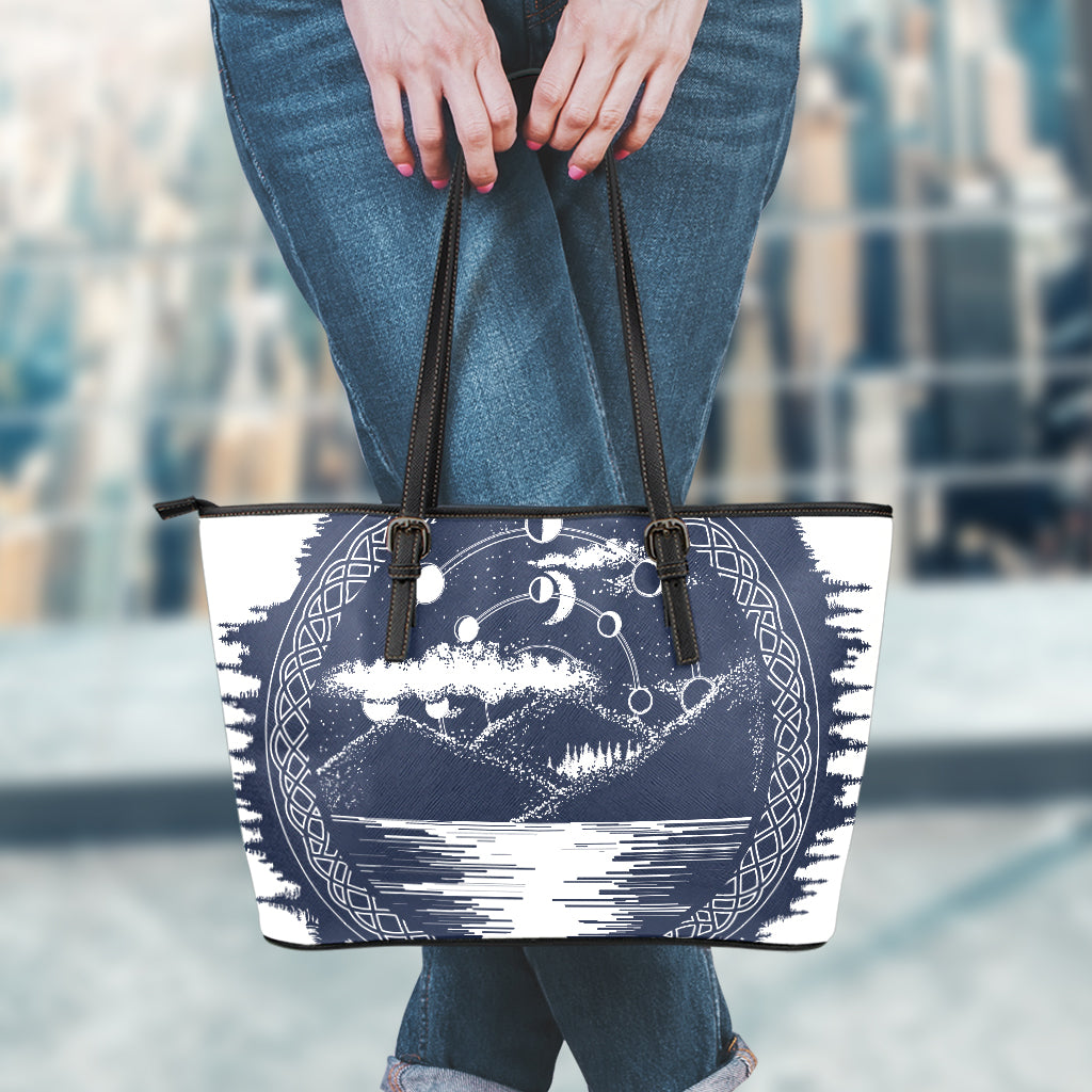 Mystical Lunar Phase Print Leather Tote Bag