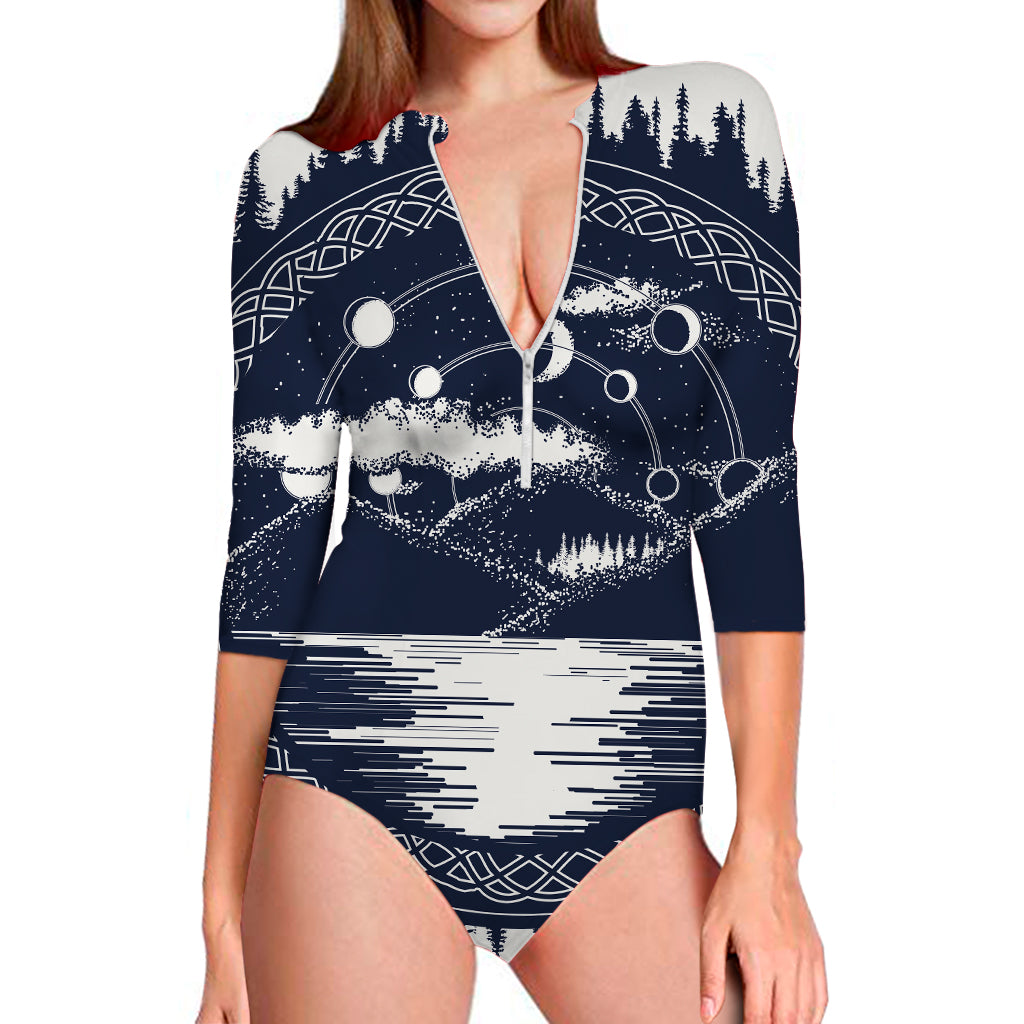 Mystical Lunar Phase Print Long Sleeve Swimsuit