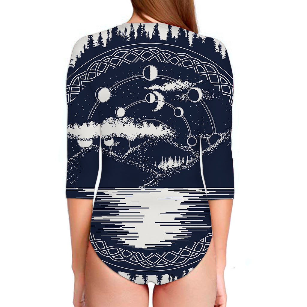 Mystical Lunar Phase Print Long Sleeve Swimsuit
