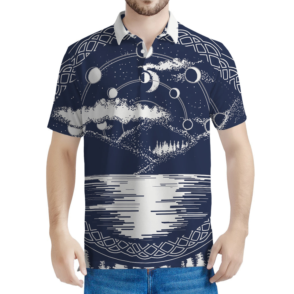 Mystical Lunar Phase Print Men's Polo Shirt