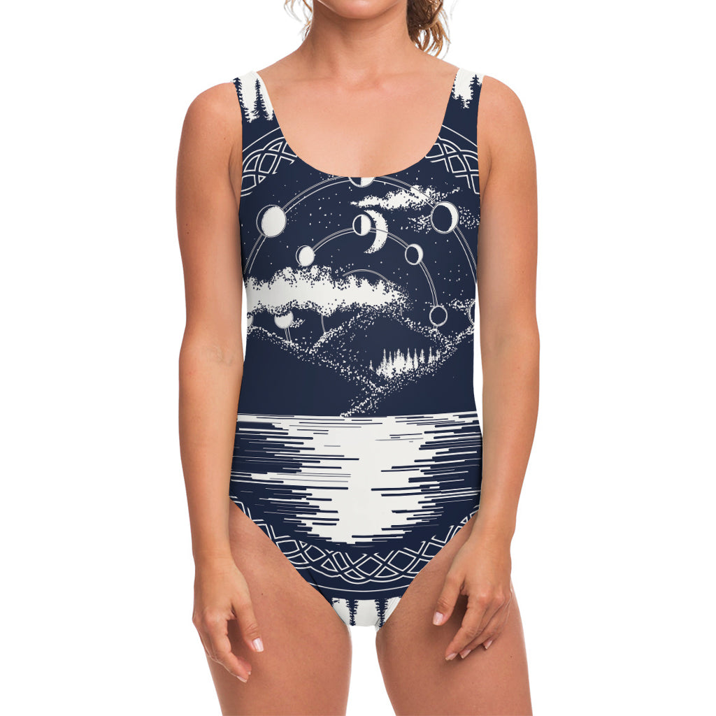 Mystical Lunar Phase Print One Piece Swimsuit