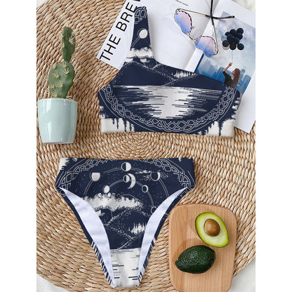 Mystical Lunar Phase Print One Shoulder Bikini Top