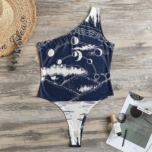 Mystical Lunar Phase Print One Shoulder Bodysuit