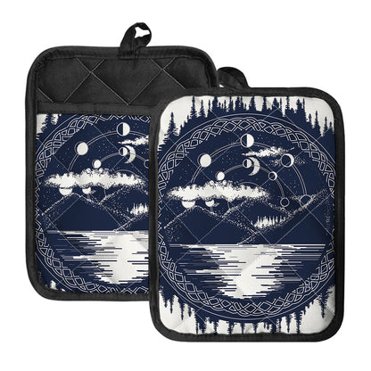 Mystical Lunar Phase Print Pot Holders With Pocket