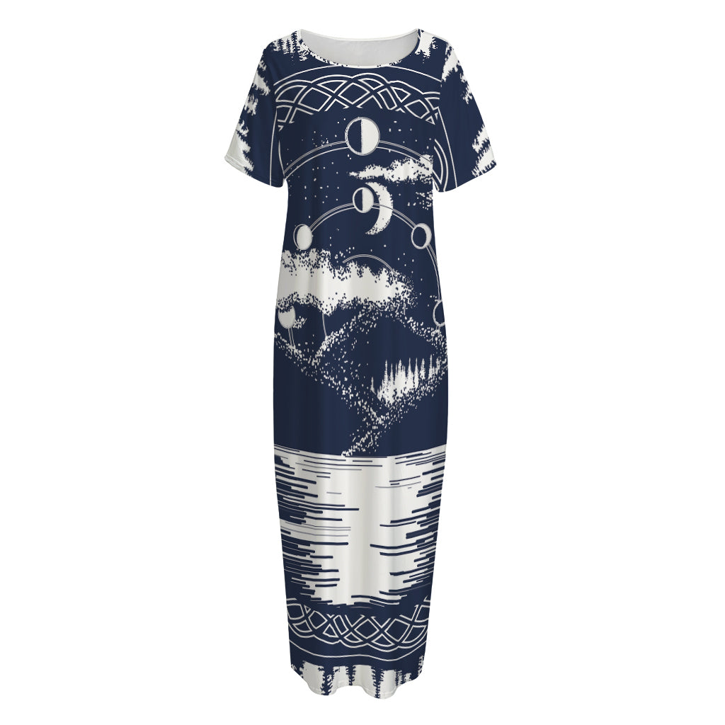 Mystical Lunar Phase Print Short Sleeve Long Nightdress