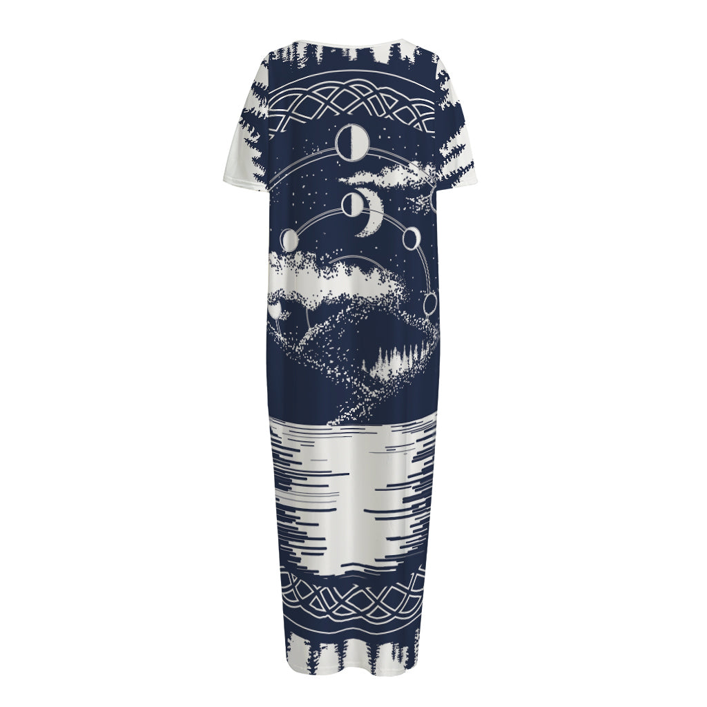 Mystical Lunar Phase Print Short Sleeve Long Nightdress