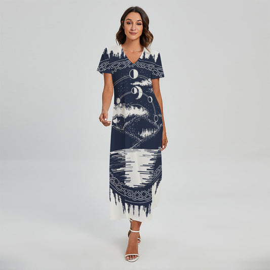 Mystical Lunar Phase Print Short Sleeve Maxi Dress