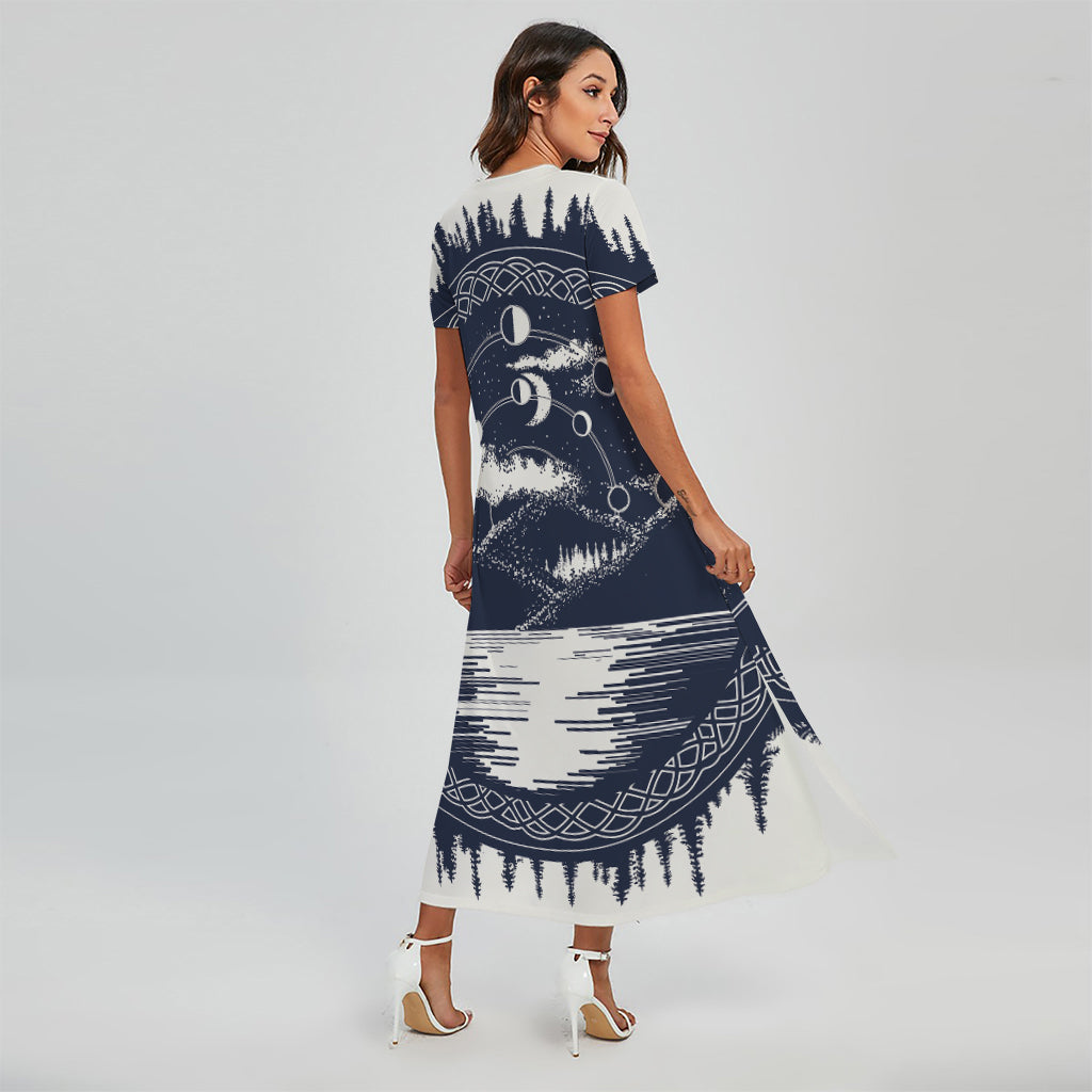 Mystical Lunar Phase Print Short Sleeve Maxi Dress