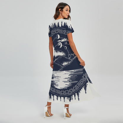 Mystical Lunar Phase Print Short Sleeve Maxi Dress