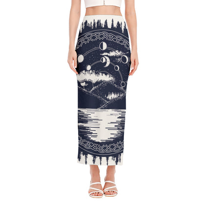 Mystical Lunar Phase Print Side Slit Maxi Skirt