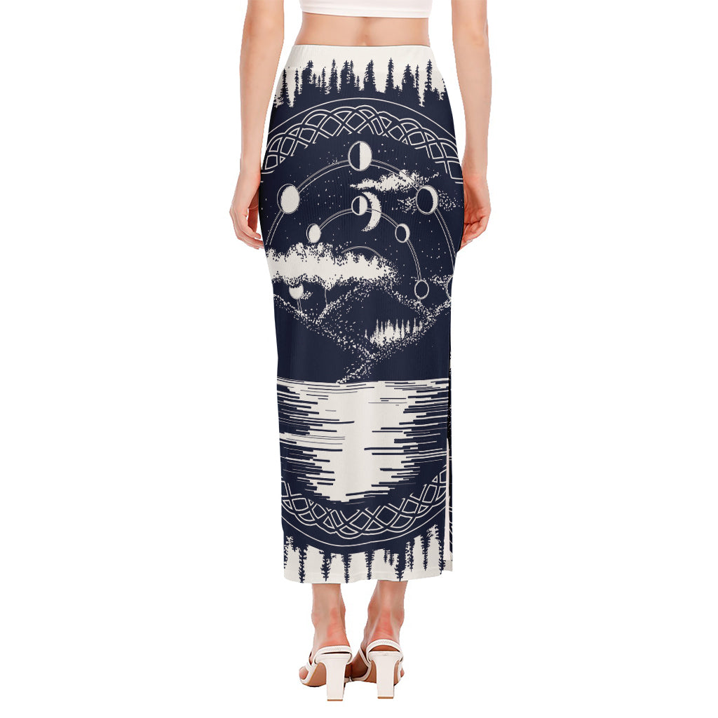 Mystical Lunar Phase Print Side Slit Maxi Skirt