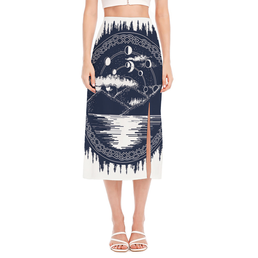 Mystical Lunar Phase Print Side Slit Midi Skirt