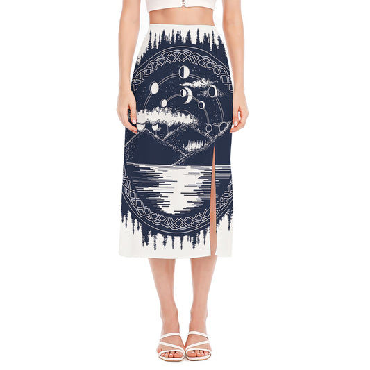 Mystical Lunar Phase Print Side Slit Midi Skirt