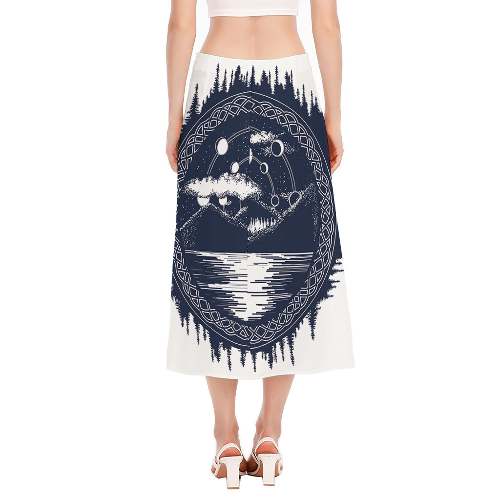 Mystical Lunar Phase Print Side Slit Midi Skirt