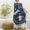 Mystical Lunar Phase Print Silk V-Neck Kaftan Dress