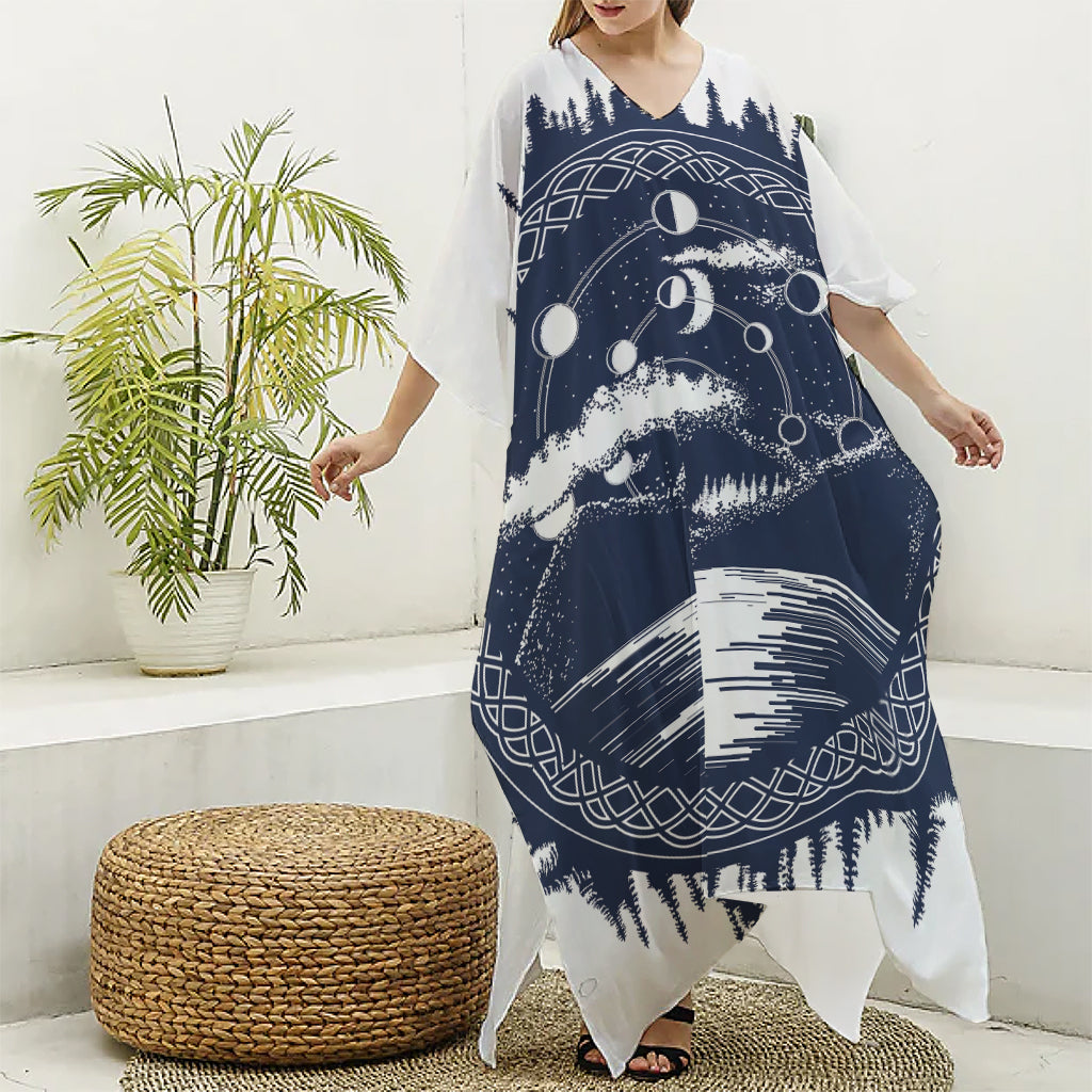 Mystical Lunar Phase Print Silk V-Neck Kaftan Dress