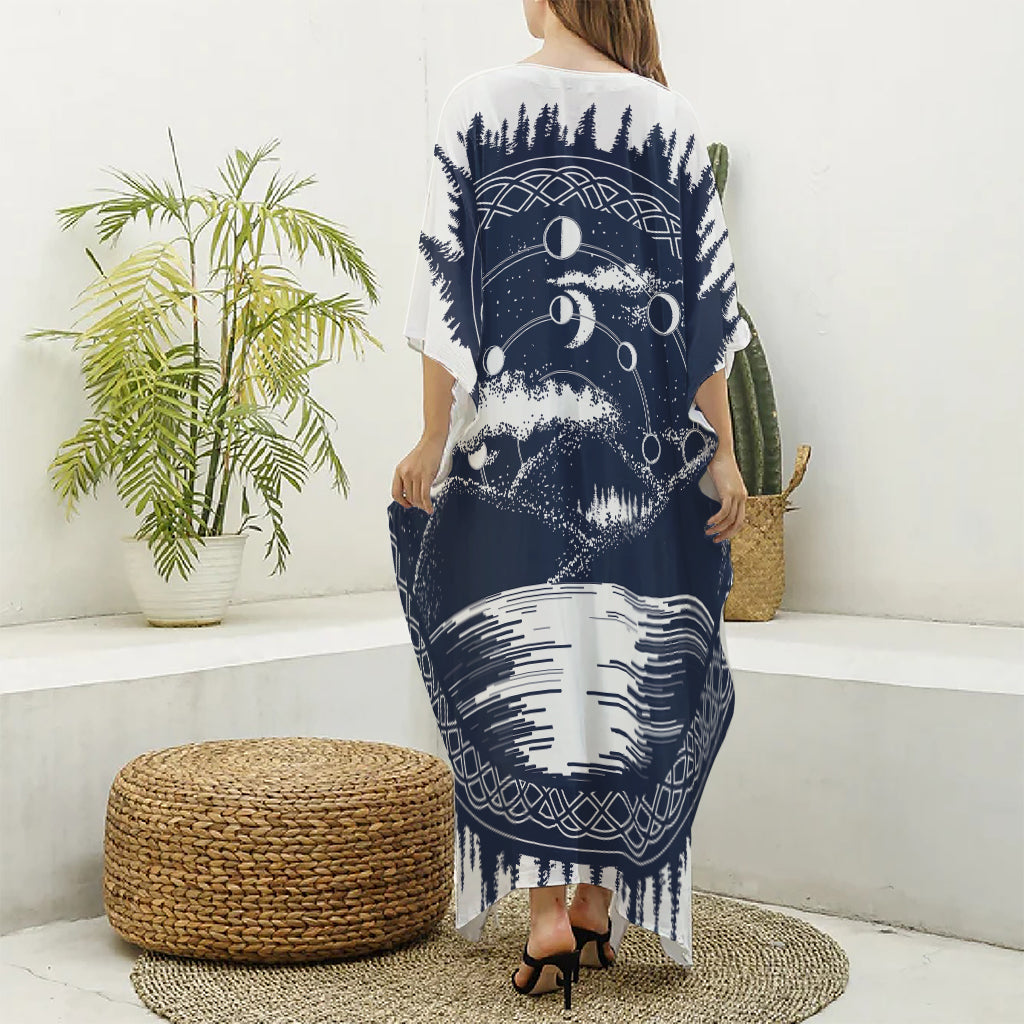 Mystical Lunar Phase Print Silk V-Neck Kaftan Dress