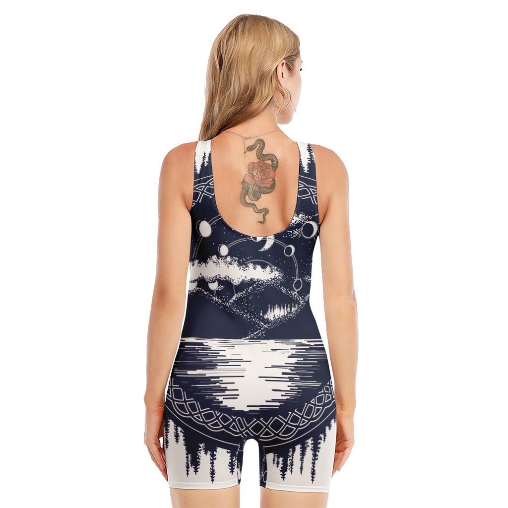 Mystical Lunar Phase Print Sleeveless One Piece Swimsuit
