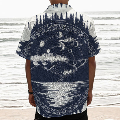 Mystical Lunar Phase Print Textured Short Sleeve Shirt