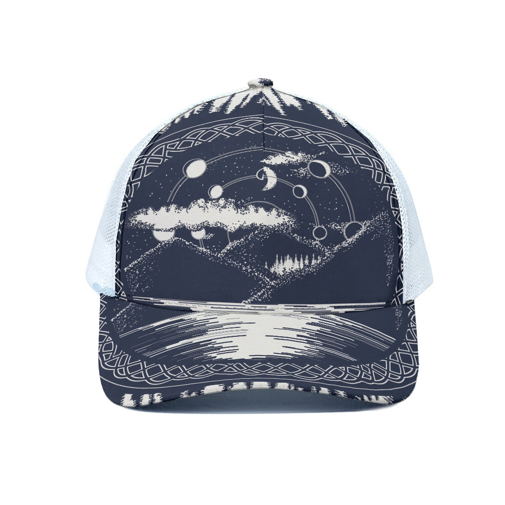 Mystical Lunar Phase Print White Mesh Trucker Cap