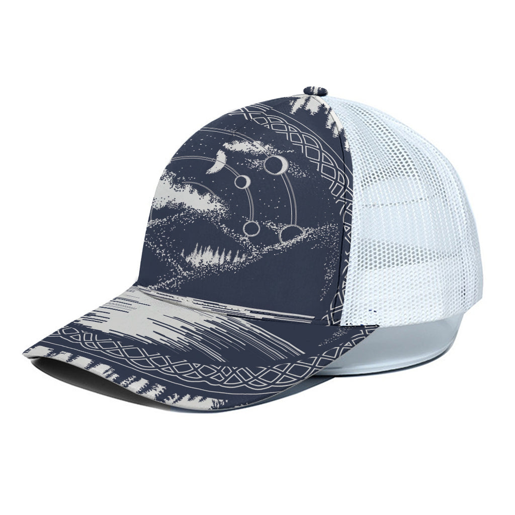 Mystical Lunar Phase Print White Mesh Trucker Cap