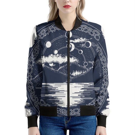 Mystical Lunar Phase Print Women's Bomber Jacket