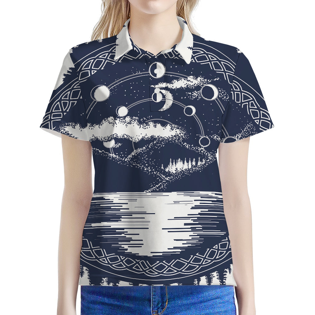 Mystical Lunar Phase Print Women's Polo Shirt