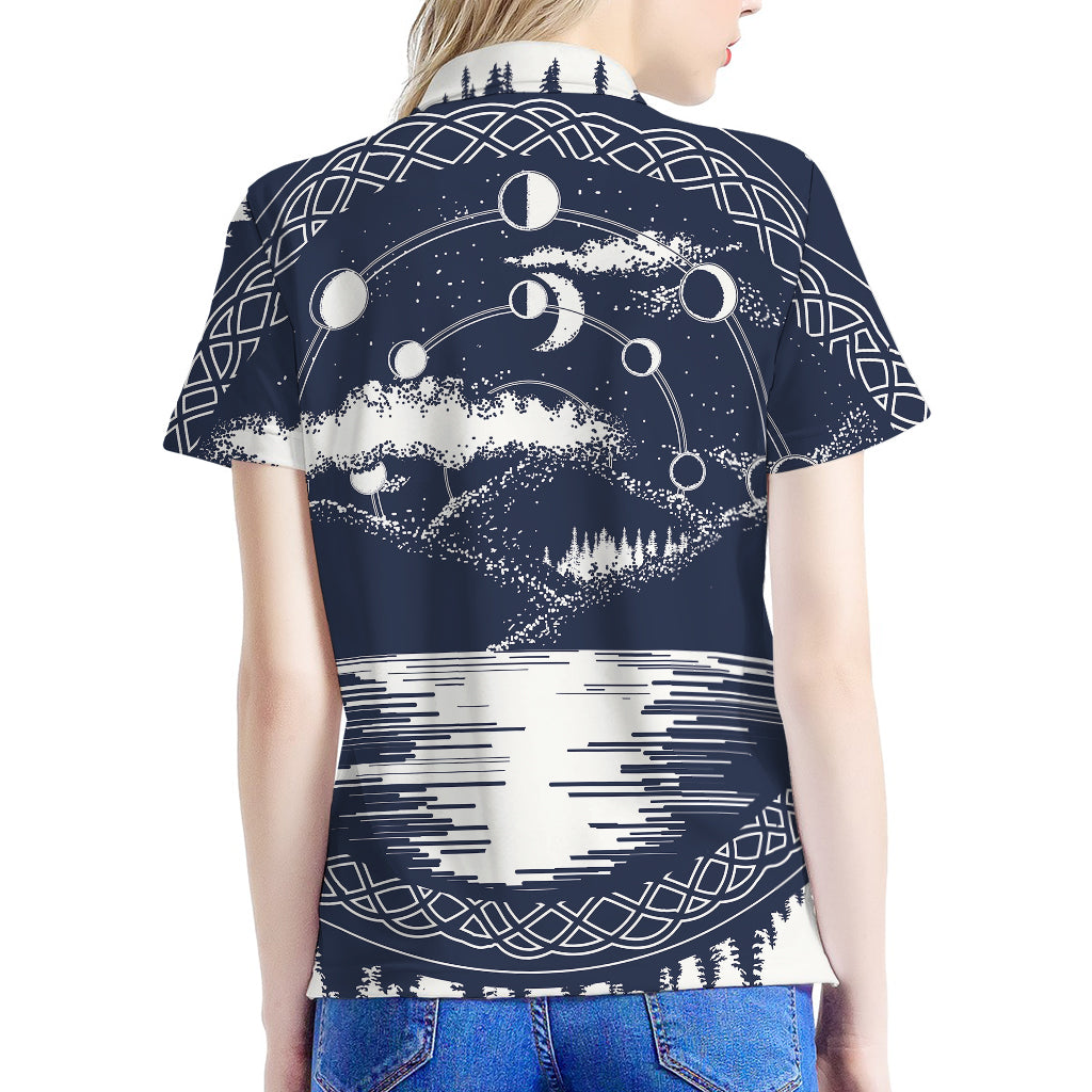 Mystical Lunar Phase Print Women's Polo Shirt