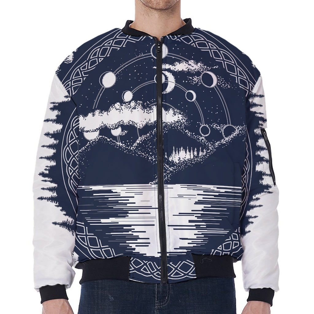 Mystical Lunar Phase Print Zip Sleeve Bomber Jacket