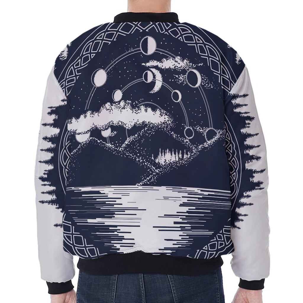Mystical Lunar Phase Print Zip Sleeve Bomber Jacket