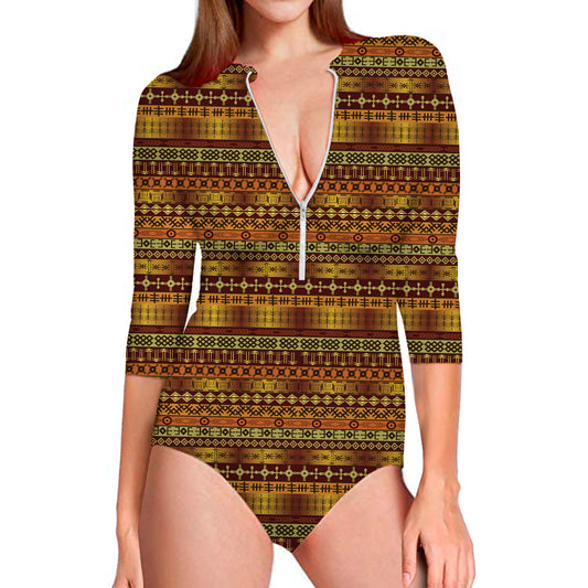 Native African Tribal Pattern Print Long Sleeve Swimsuit