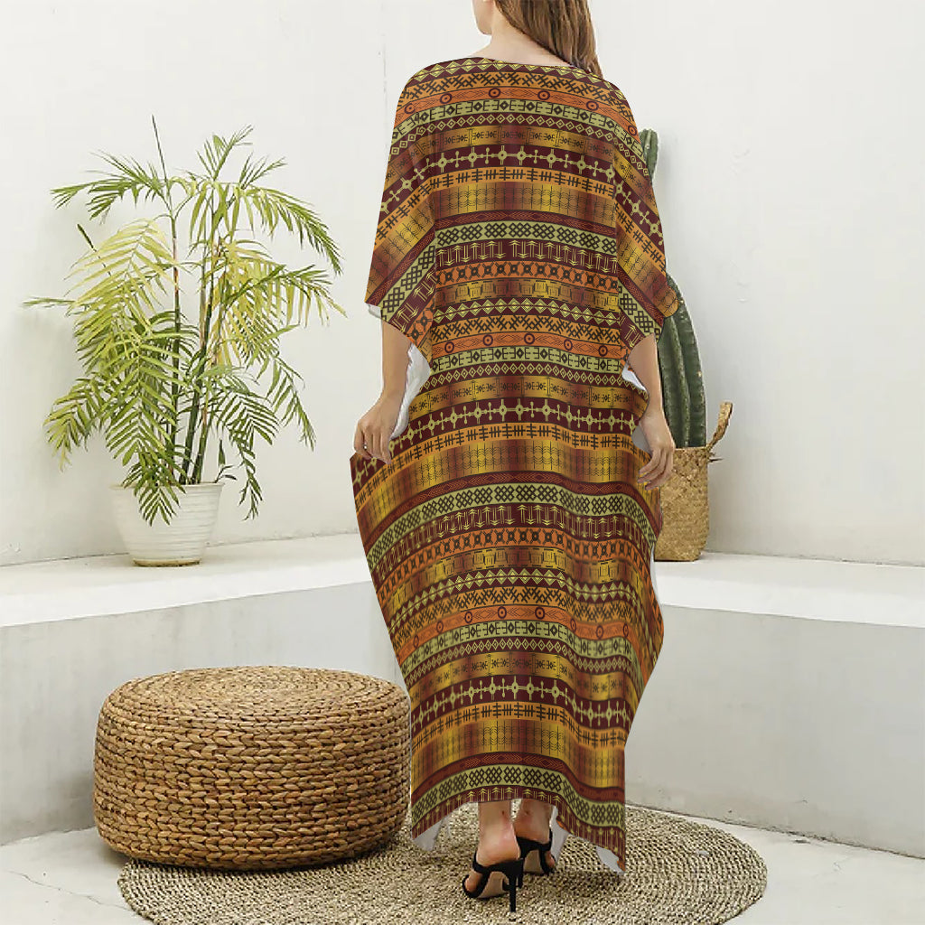 Native African Tribal Pattern Print Silk V-Neck Kaftan Dress