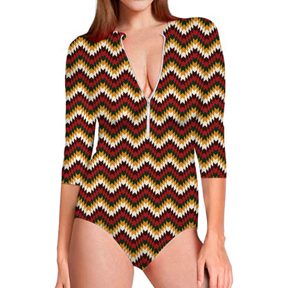 Native American Chevron Tribal Print Long Sleeve Swimsuit